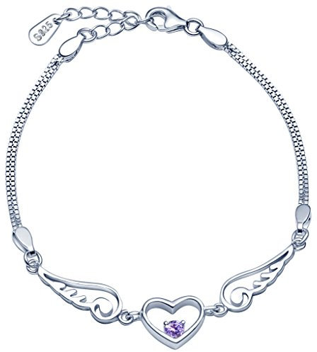 Unendlich U Herz Engelsflügel Damen Strang Armband 925 Sterling Silber Lila Zirkonia Charm Armkette Verstellbar Doppel Armkettchen Armreif, Silver