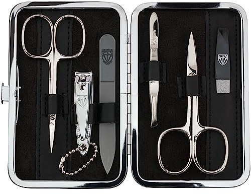 Tre svärden– Tyskland 6 delar Manikyrset Genova | set i nagelfodral av äkta läder | innehåll: Nagelsax, hudsax, nagelklippare, glasnagelfil, pincett, safirnagelfil