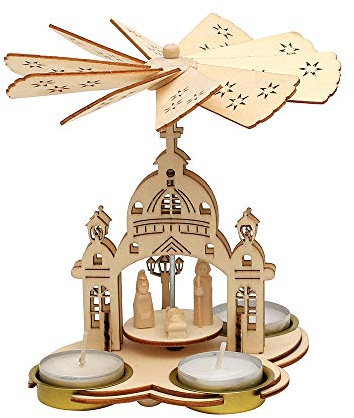 SIGRO Holzkunst Collection Holz Teelichtpyramide Kirche (Laserholz) mit Heiliger Familie geschnitzt 15 x 115 x 165 cm