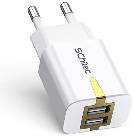 SCHITEC Caricatore USB, 5 V/2.1 A, caricatore di rete USB, 2 porte, adattatore caricatore da parete USB, universale, compatibile con iPhone XS/XR, Huawei P20, Samsung Galaxy Note S9 Tablet e Plus