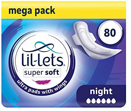 Lil-Lets Super Soft Ultra Thin Period Pads-80 Count, Night Absorbency, with Wings, (Packs of 8) 10 Pads-Bulk Pack, Very Heavy Flow for Nightime, Unscented, Extra Long Sanitary Towels