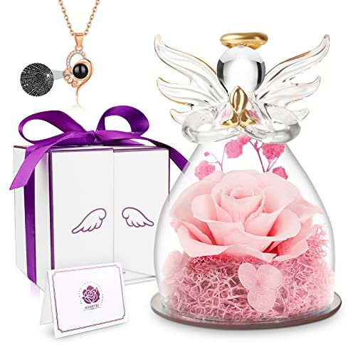 Konservierte echte Rose mit Engel für Frauen, Frau, Muttertag, Geschenk für Mutter, Engelsfiguren mit handgefertigten Rosenblumen & Love You Necklack für Hochzeit, Geburtstag, Geschenke (D Pink)