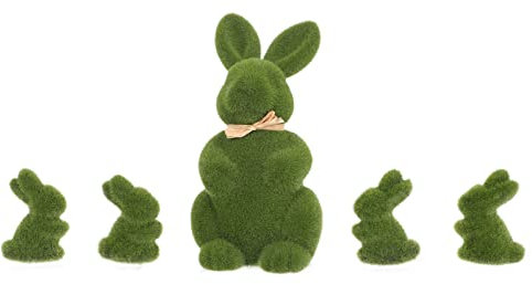 5Pcs Easter Rabbit Figurines Artificial Turf Grass Bunny Flocked Animal Figurine Ornament Easter Rabbit Statue for Garden Decoration