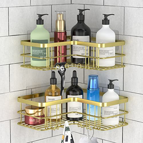 Yazoni Lot de 2 Paniers de Douche D'angle, Sans Perçage, Étagère d'angle pour Baignoire de Salle de Bain, Étagère d'angle en Acier Inoxydable avec 8 Crochets et 4 Adhésifs (Doré)