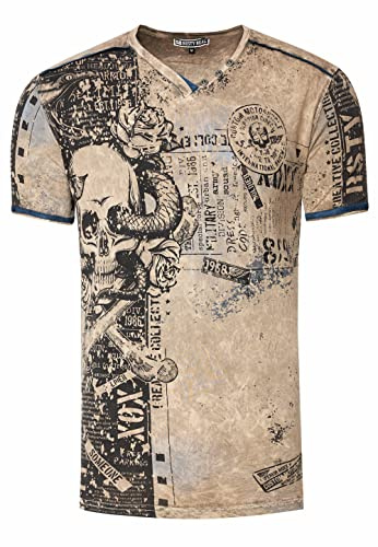 Rusty Neal Herren T-Shirt All Over Skull X Snake X Rose Print Wildleder-Band Knopf-Verzierung V-Neck Stretch Streetwear Used-Look Shirt 293, Farbe:Olive, Größe S-3XL:M