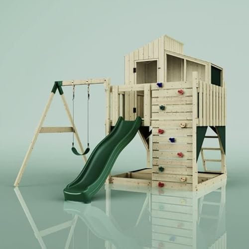 Rebo® PolarPlay Kids Climbing Tower and Playhouse - Swing Balder Green | OutdoorToys | Wooden Climbing Frame and Wendy House with Climbing Wall, Slide and Sandpit