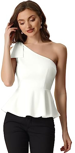 Allegra K Blusa sin Mangas para Mujer Peplum Top de un Hombro con Volantes Blusa Elegante Blanco L