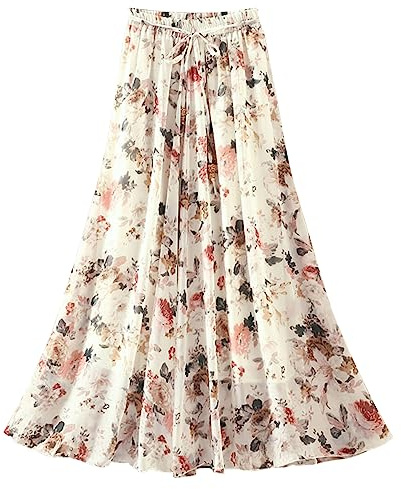 Runstarshow Ladies Summer Skirts Floral Midi Skirt Elasticated Waist Womens Elegant Boho A-line Skirts with Lining Plus Size Chiffon Bohemian Flowy Skirts Holiday Clothing