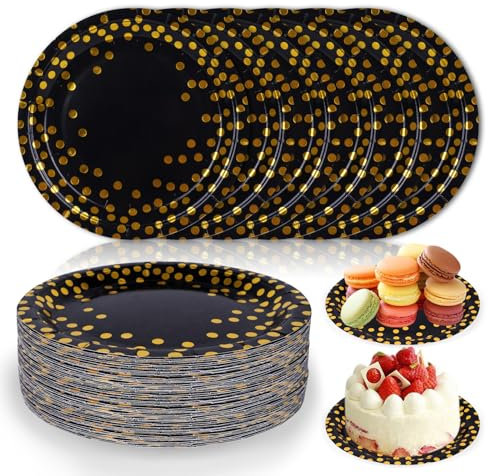 FIHODONE 50 Stück Pappteller,Einwegteller Partygeschirr 18cm Teller Einweg Pappteller Kindergeburtstag,Papierteller Einweggeschirr Halloween Geschirr,Pappteller Geburtstag (Schwarzgold)