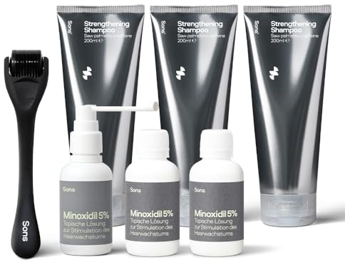 Sons Minoxidil 5%, Strengthening Shampoo and Dermaroller for Men. Hair Regrowth Treatment. Hair Growth Shampoo With Caffeine. Thickening, Anti-Dandruff, DHT Blocker. 3 Month Supply. Made in Europe.