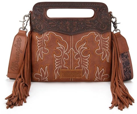 Wrangler Brown Fringe Purse Small Crossbody Bag for Women Embossed Western Handbag Cowgirl Rodeo Party WG110-2022BR