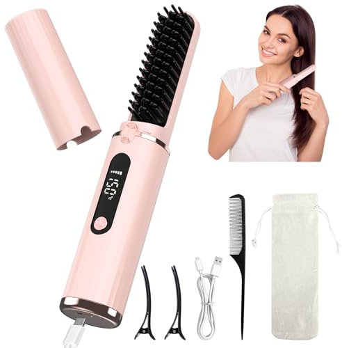 Aceshop Brosse Lissante pour Cheveux Sans Fil, Mini Brosse Chauffante Portable 4 Température Réglables Peigne de Coiffage Lisseur à Ions Négatifs Lisseur Barbe Hommes Rechargeable par USB (Rose)