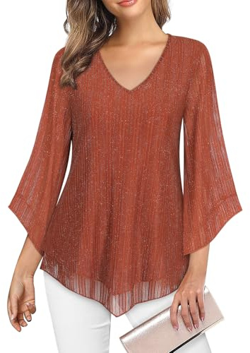 Gemulate Blouses for Women UK Elegant Women Tops Evening Tops for Women UK Elegant Plus Size Ladies Three Quarter Sleeve Chiffon Tops Loose Ladies Blouses V Neck T Shirt - Caramel Stripes, L
