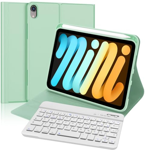 FOGARI Tangentbord för iPad mini 7 (A17 pro) 2024/Mini 6 2021 8,3 tum, QWERTZ tyskt tangentbord, magnetiskt, trådlöst Bluetooth, avtagbart för iPad 6a/7a Generazion 8,3 tum, ljusgrön