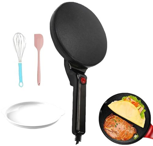 Crepiera elettrica 600W, Padella Antiaderente con Vasca, Frusta e Controllo Automatico della Temperatura, 20 cm di Cottura, Nero
