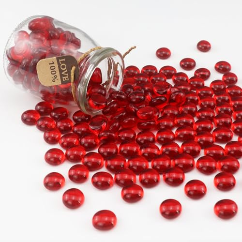 ginojex Perles en verre de 0,4 kg pour remplissage de vase, gravier d'aquarium, billes en verre plates, pierres précieuses, galets, pierres d'aquarium, roches décoratives pour la maison - Rouge