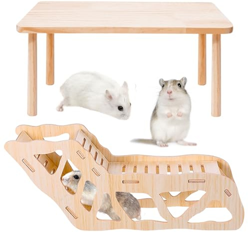 Hamsterhus av trä med hamster plattform, hamsters tunnel gömställe, klockbox hamsters tillbehör för buren för tävlingsmöss råttor marsvin