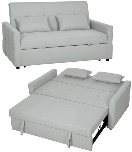 HOMCOM 2 Seater Sofa Bed, Click Clack Sleeper Sofa with Pull Out Design, 2 Pillows, High Density Foam, Wide Seat, Linen Convertible Loveseat Bed Settee for Living Room, 137x179cm, Light Grey