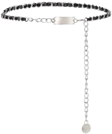 CALFOVERA Cintura Regolabile in Pelle PU con Catena Sottile, Cintura in Lega di Metallo, Fibbia per con Estensione, Ciondolo Rotondo per Abiti da Donna, Pantaloni, Gilet e Jeans (Nero); Argento