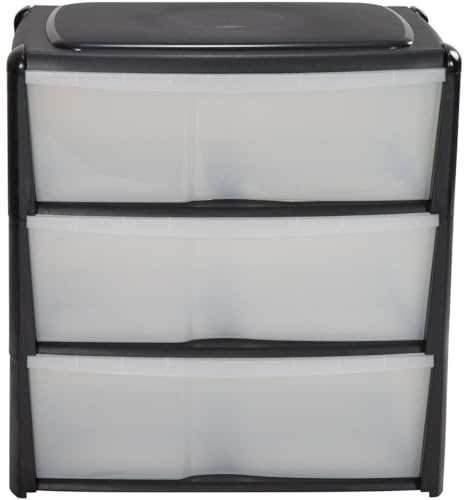 wilko Storage Drawer Unit, 3 Drawers, Black, Plastic Frame, 67 x 59 x 39.5cm