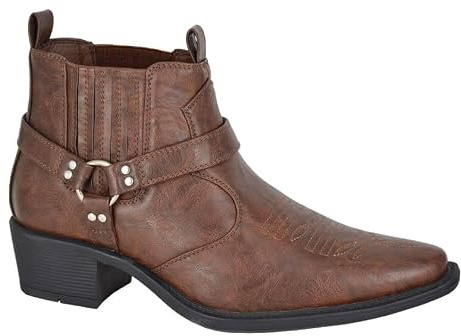 Outdoor Soul Mens Cowboy Style Cuban Heel Ankle Boots with Harness Detail, Western Pointed Toe (Brown, 10, UK Footwear Size System, Adult, Men, Numeric, Medium, 10)