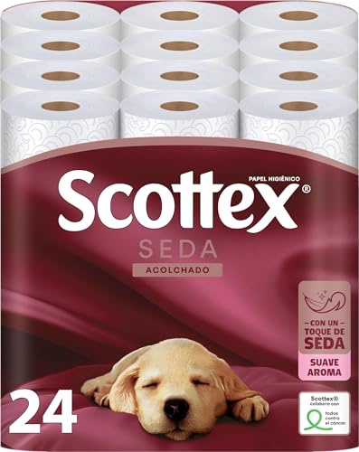 Scottex Papel Higienico - Scottex Seda Acolchado, Pack de 24 Rollos Grandes, Papel Higienico 3 capas, Textura acolchada, Suave fragancia