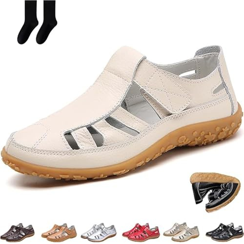 Sandalias de punta cerrada para mujer, sandalias ortopédicas de pescador de verano, con gancho y bucle, de piel retro, antideslizantes, estilo bohemio, gladiador, para caminar, playa