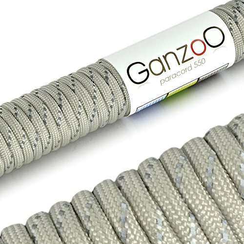 Ganzoo paracorde 550 réfléchissante Gris, Corde de Parachute gainée Nylon-Polyester 4 mm Type 3, 31 m, 7 brins internes, Visible à la lumière grâce à Couture réfléchissante, pour nouage, Non Escalade