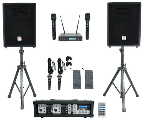 Rockville RPG2X10 Powered Bluetooth Mixer+(2) 10 Speakers+Stands+Wireless Mics