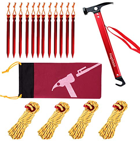 Haploon 12 Pack Tent Stake and Hammer, Camping Accessories Kit Aluminum Tent Mallet Stake Hammer with 7 Inch Metal Tent Pegs, Nylon Guyline Rope 4x13ft with Cord Adjuster and Canvas Storage Bag