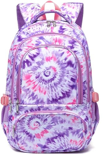 BLUEFAIRY Kids Backpack for Girls Elementary Primary Middle School Bag for Aged 8-10 for Teens Childs Bookbag Back to School Bag Mochilas Escolares para Niñas de 7 8 9 10 Tie-dye Purple