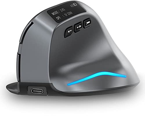 zelotes Bluetooth Kabellose Maus mit Display,Wiederaufladbar,BT 5.0/3.0 + 2.4G,3200DPI,7 Tasten,USB Optische Ergonomische Vertikale Maus Kabellos,Funkmaus für Laptop,PC,Tablets,Schwarz