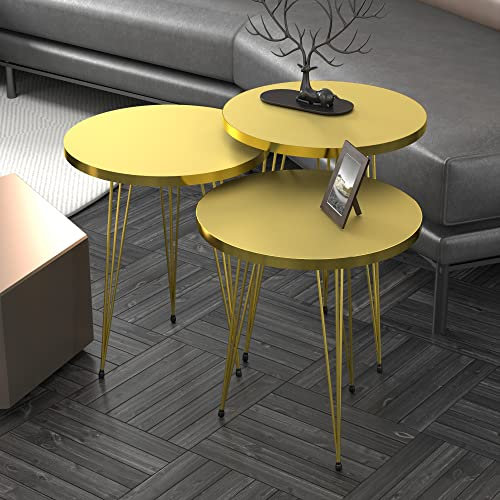 [en.casa] Set de 3 Mesas Auxiliares Redondas Bajas (Mesa más Grande 48 x Ø 38 cm) Varios Tamaños Patas de Horquilla Aglomerado y Metal - Dorado