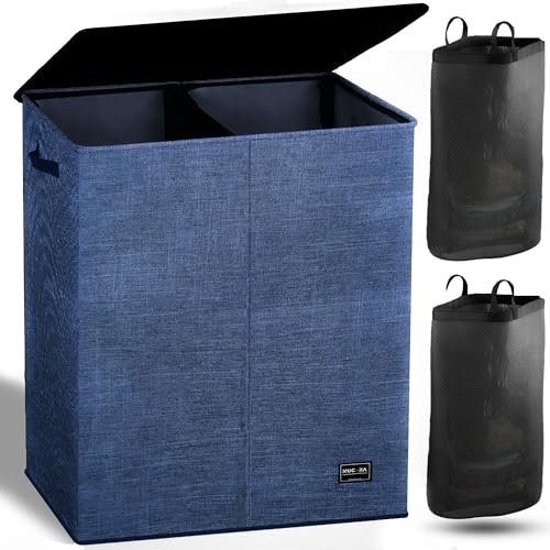 NUCAZA 145L Double Laundry Basket with Lid & Removable Laundry Bags, 2 Compartments Washing Basket for Light & Dark Clothes, Large Laundry Hamper, Collapsible Laundry Bin Storage Basket Blue