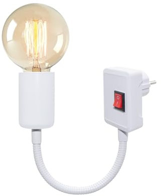 Portalampada E27 con Interruttore, 20CM Flessibile Collo di Cigno Braccio, Bianco Porta Lampada con Spina, Lampada Muro con Presa, Portalampada da Parete per Illuminazione Interna, Senza Lampadine
