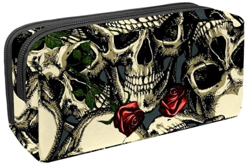 Eslifey Pencil Case, Skulls with Red Roses Large Capacity Pencil Pouch Stationery Pen Bag