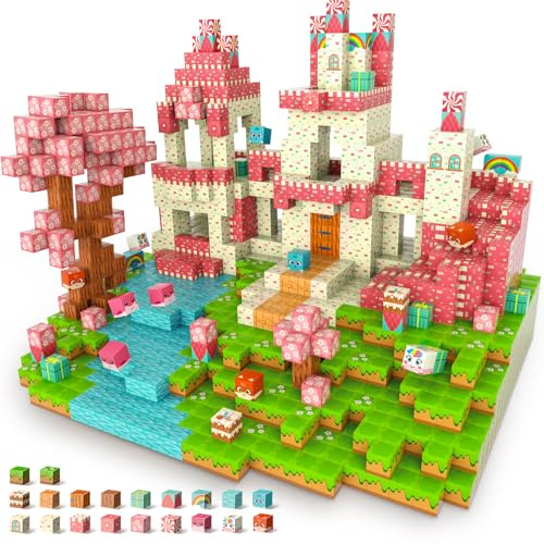JONRRYIN Magnetische Bausteine, 80Stück Bausteine 2.5CM Magnetische Würfel Set Pink Castle Magnetische Bauwelt mit Gebrauchsanweisung für Geburtstag, Weihnachten ab 3, 4, 5, 6, 7, 8, 9, 10 Jahren