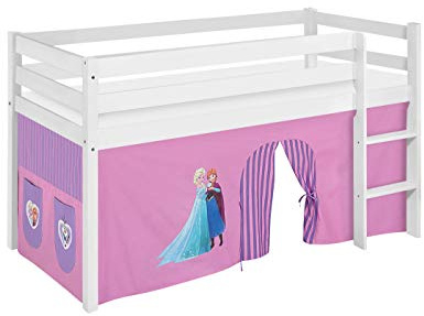 Lilokids Hochbett JELLE 90×200 cm | 90x190 cm – Kinderbett & Spielbett aus Massivholz (Kiefer) inkl. Lattenrost – Verschiedene Markenmotive (Disnes Frozen Eiskönigin lila, 90 x 200 cm)