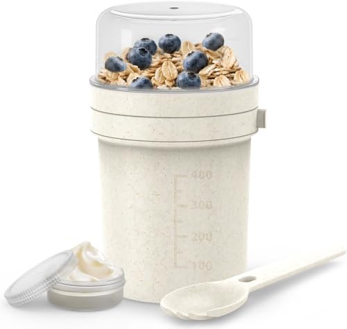 MRUN BONE Tazza per cereali To Go con cucchiaio, a prova di perdite, per yogurt, per viaggi, lavoro, scuola, picnic, 450 ml + 250 ml, bianco avena