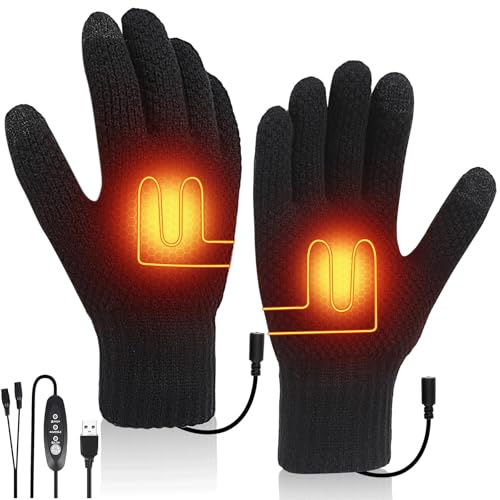 KQLHLHDYZ USB Heated Gloves for Men Women, Full Fingers Heating Warm Gloves with 3 Temperature Levels, Double-Sided Electric Hand Warmer Gloves for Cold Winter Knitted Laptop Gloves Mitten
