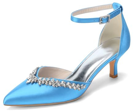 HFWXYSA Escarpins Mariage Femme Satin Strass Talons Aiguilles Chaussures Mariée Élégantes Bride Cheville pour Soirée Cérémonie,Sky Blue,38 EU
