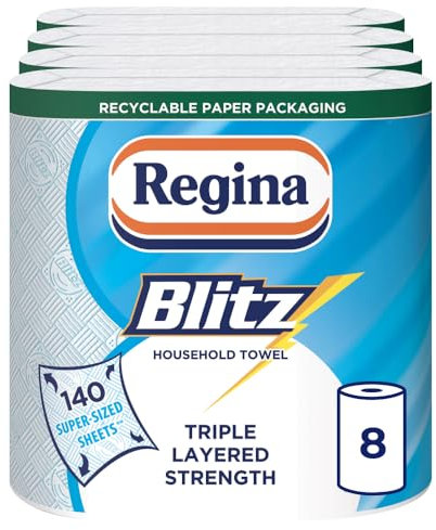 Regina Blitz Household Towels – 8 Triple Layered Rolls, 70 Sheets Per Roll, Paper Packaging, FSC Certified Paper, Recyclable Packaging, 60% Larger Than Standard Kitchen Roll Sheets