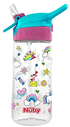 Nuby Push Button Flip-it Soft Spout Tritan Water Bottle, Pink Unicorns, 18 Oz