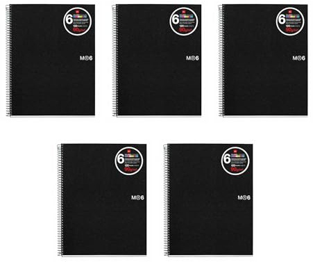 Miquel Rius Pack of 5 M Original 6 Subject Notebooks, Lined A4-11.7 x 8.27, 150 Sheets Heavyweight Paper, Subjects Separated by color, 4 Hole Punched, Micro-Perforated, Black Polypropylene Cover