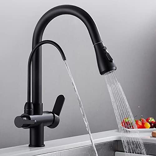 OrangeClub Heißer und kalter 3 in 1 Wasserhahn für Küchenspüle Trinkwasser 3 Wege Filter Küchenmischbatterien Küche Wasserhahn für Wasserfilter 360° Drehbar 2 Hebel Spültischarmatur (Schwarz)