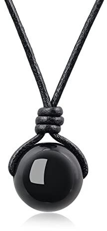 COAI Collar de Cuero Negro para Hombre y Mujer con Colgante Esfera Redonda de Obsidiana Piedra Natural