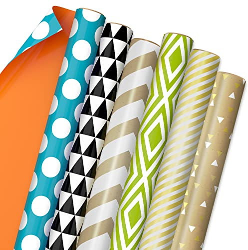 Hallmark Wendbares Geschenkpapier-Set (6 Rollen: insgesamt 150 m²) Streifen, Chevron, einfarbig, Schwarz & Weiß, Gold, Grün, Orange, Blau, für Geburtstage, Feiertage, jeden Anlass