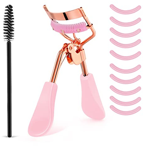 WLLHYF Eyelash Curler Kit Metal Eye Lashes Curler，Professional Makeup Tool with Built-in Comb Eye with 10 Replacement Refill Pads Get Dramatically Curled Eyelashes for Women Girl (Pink)