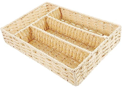 Alipis Organizador De Cajones Para Cubiertos Bandeja Organizadora De Utensilios Tejida Con Cuerda Con 4 Secciones Soporte Rectangular Para Almacenamiento De Cubiertos Cesto Decorativo