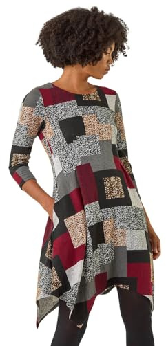 Roman Hanky Hem Swing Dress with Pockets for Women UK Ladies Asymmetric Hemline Stretch Jersey 3/4 Sleeve Winter Smart Casual Work Office Knee Length Tunics - Red Grey - Size 14